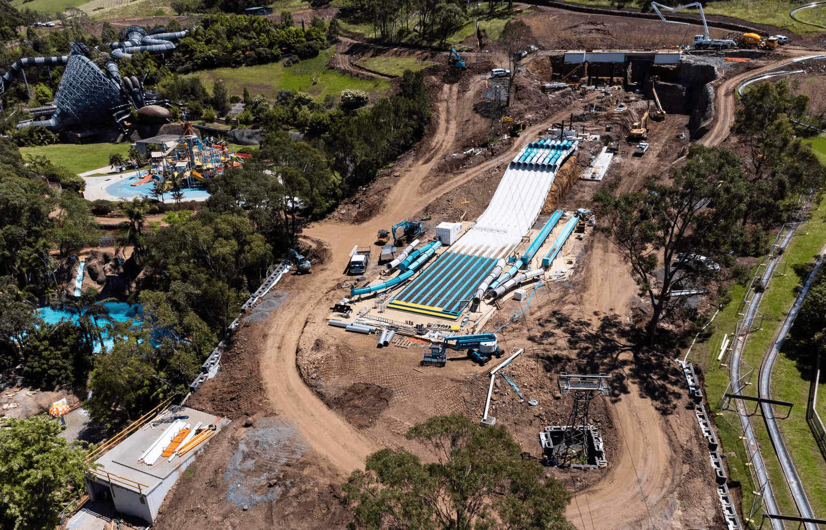 Aerial shot of Jamberoo Action Park waterslide in construction