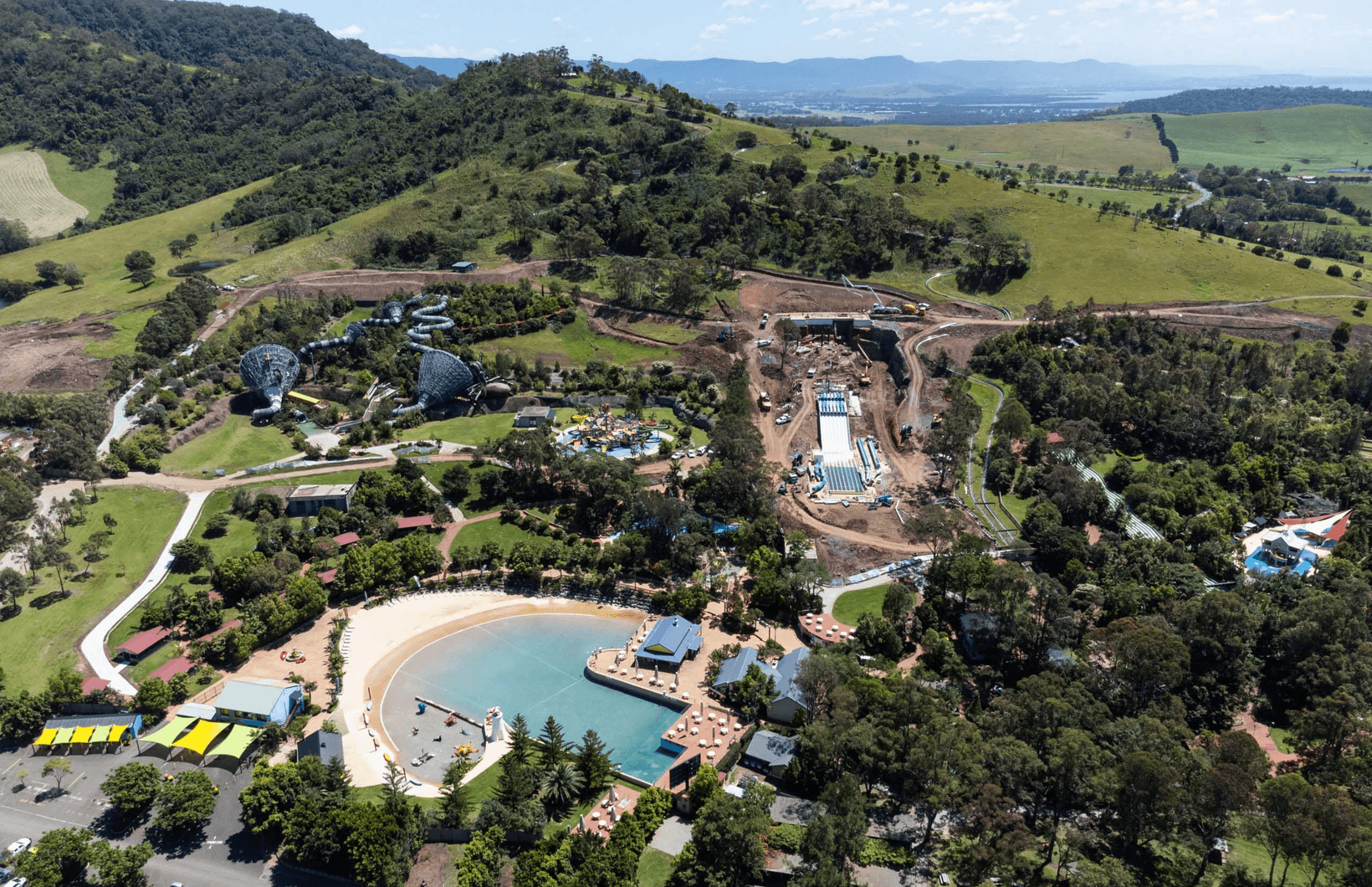 Aerial shot of Jamberoo Action Park waterslide in construction