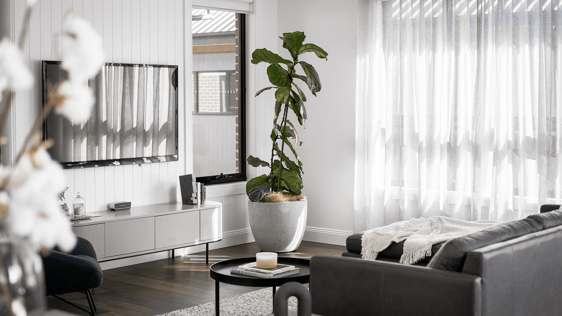 Living area with Cemintel cladding Gilchrist Homes display